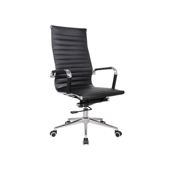 lack ribbed leather ergonomic office chair with high back, padded chrome armrests, adjustable height and tilt mechanism, and five‑star chrome wheeled base for modern professional workspace comfort.