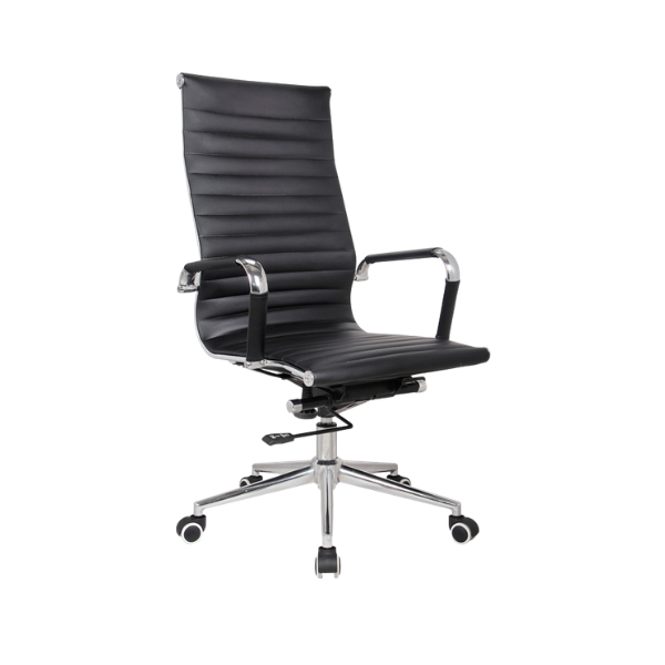 Black ribbed leather ergonomic office chair with high back, padded chrome armrests, adjustable height and tilt, and five‑wheel chrome base for modern executive workspace comfort.
