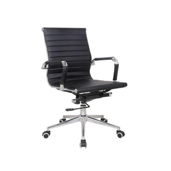 Black ribbed leather office chair with cushioned seat, chrome frame, padded armrests, adjustable height lever, and five‑star wheeled base for modern professional workspace comfort.