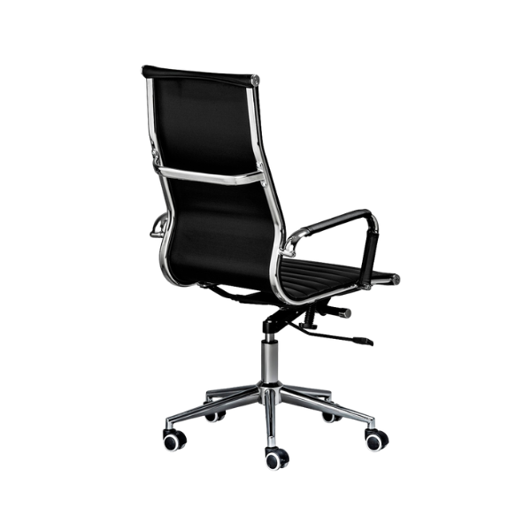 Black ergonomic office chair with high back, cushioned seat, chrome armrests, adjustable height, and five‑star wheeled base for modern workspace comfort.