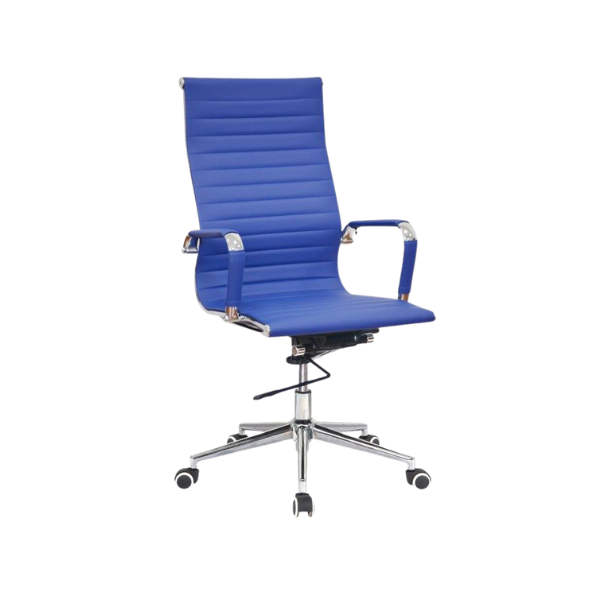 Blue ribbed leather office chair with cushioned seat, horizontal stitched backrest, padded chrome armrests, adjustable height lever, and five‑star chrome wheeled base for modern workspace style.