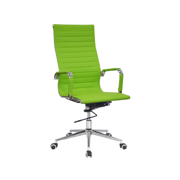 Bright green ribbed leather office chair with high back, horizontal stitched seat, padded chrome armrests, adjustable height and tilt lever, and five‑star chrome wheeled base for modern workspace style.