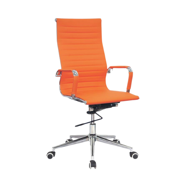 Orange ribbed leather office chair with cushioned seat, horizontal stitched backrest, padded chrome armrests, adjustable height lever, and five‑star chrome wheeled base for modern workspace style.