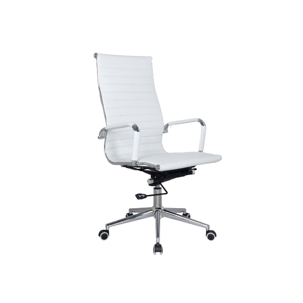 White leather office chair with high back, chrome armrests, adjustable height and tilt lever, and five‑star chrome wheeled base for modern professional workspace comfort.