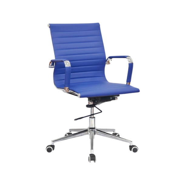 Bright blue ribbed leather office chair with cushioned seat, padded chrome armrests, adjustable height lever, and five‑star chrome wheeled base for modern workspace style