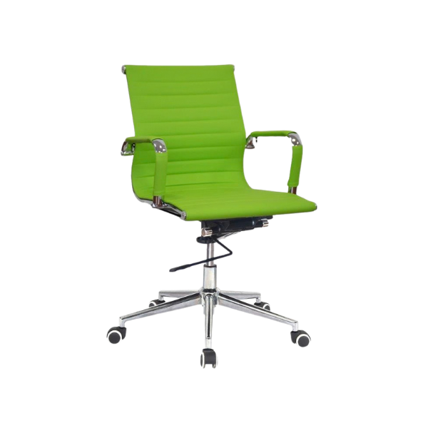 Bright green ribbed leather office chair with cushioned seat, horizontal stitched backrest, padded chrome armrests, adjustable height lever, and five‑star chrome wheeled base for modern workspace style.