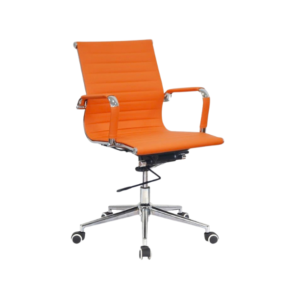  Orange ribbed leather office chair with cushioned seat, padded chrome armrests, adjustable height lever, and five‑star wheeled base for modern workspace style.