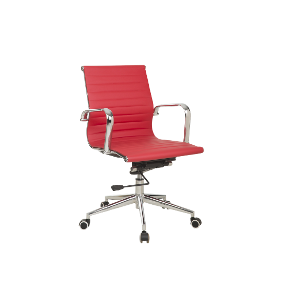 Red ribbed leather office chair with cushioned seat, chrome armrests, adjustable height and tilt mechanism, and five‑star chrome wheeled base for modern workspace style.
