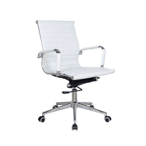 White leather office chair with cushioned seat, horizontal stitched backrest, padded chrome armrests, adjustable height lever, and five‑star chrome wheeled base for modern professional workspace style.