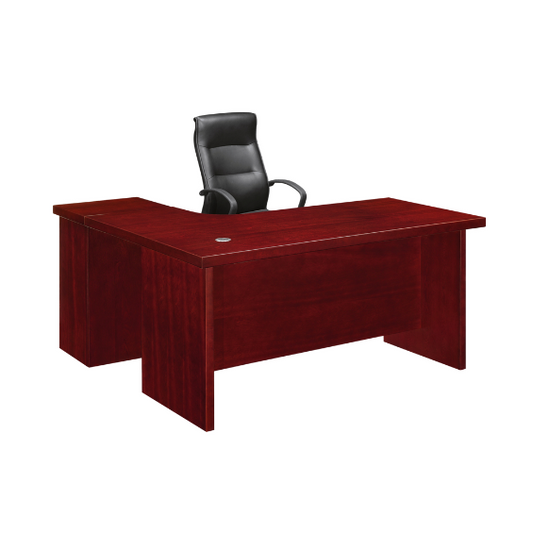 Modern executive office setup featuring a dark reddish-brown polished L-shaped desk with a circular metal grommet for cable management, paired with a high-back black leather office chair with armrests, creating a professional and elegant workspace.