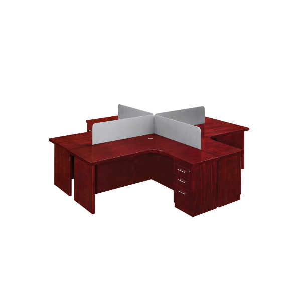 Four-person office workstation in Mahogany veneer finish, arranged in an X-shaped configuration with individual curved desks, built-in drawers, and gray partition panels providing privacy and separation, creating a functional and organized collaborative workspace.
