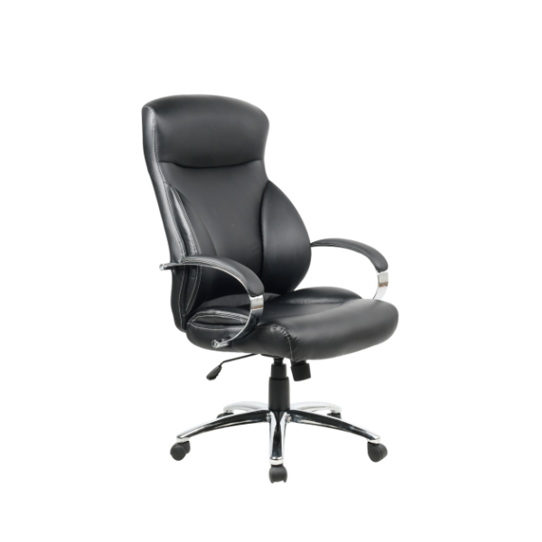 Ergonomic black leather office chair with high backrest, padded seat, chrome swivel base, and adjustable height lever for modern workspace comfort.