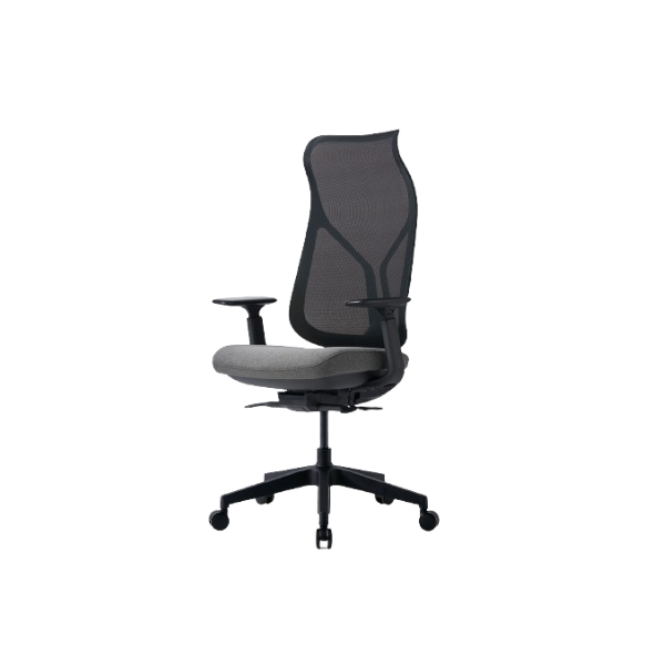 Modern ergonomic office chair with black mesh backrest, cushioned seat, adjustable armrests, and five‑wheel base for workplace comfort and posture support.