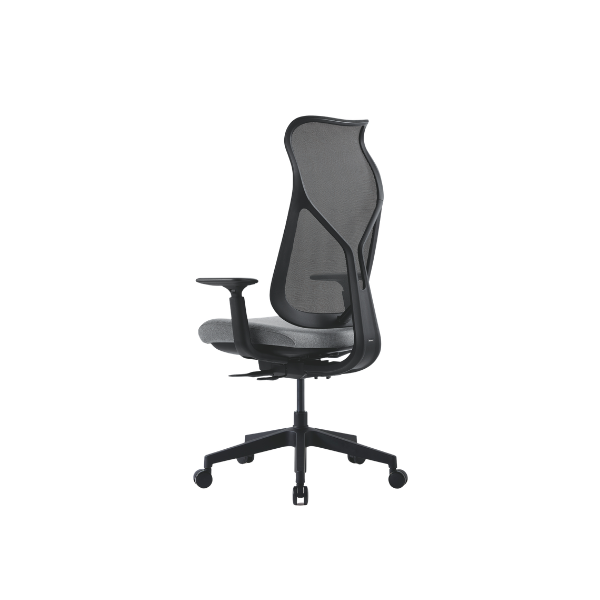 Modern ergonomic office chair with black mesh backrest, cushioned seat, adjustable armrests, and five‑wheel base for workplace comfort and posture support.