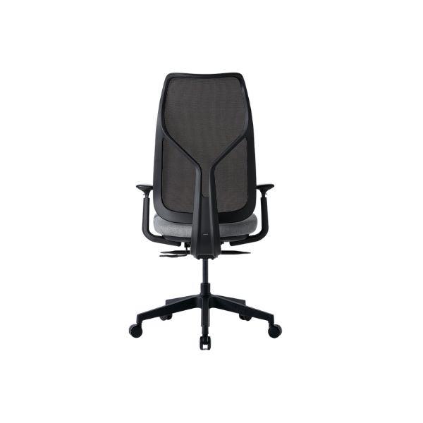 Modern ergonomic office chair with black mesh backrest, cushioned seat, adjustable armrests, and five‑wheel base for workplace comfort and posture support.