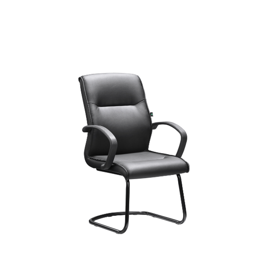 Modern black leather office chair with cushioned seat, padded curved armrests, and sturdy black cantilever metal base.