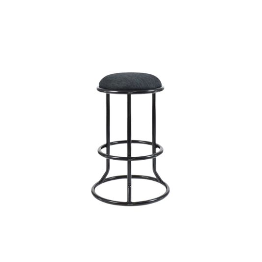 Tall stool with a round cushioned seat and black metal frame, supported by four vertical legs connected with circular rings for stability and a minimalist industrial design.