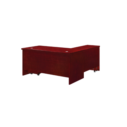 Large L-shaped wooden office desk with a rich reddish-brown polished finish, featuring two circular cable management holes on the smooth surface and ample storage space underneath.