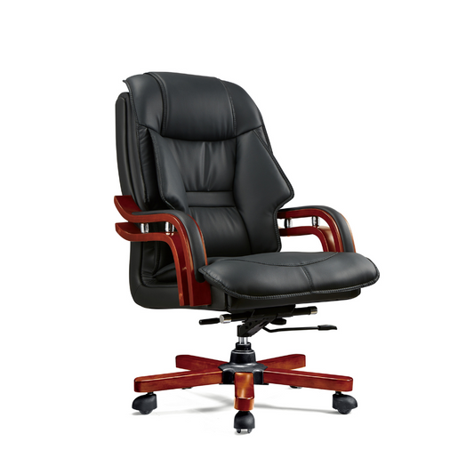 Genuine Leather Executive Office Chair Mahogany Veneer Range front view. Padded large leather office chair.