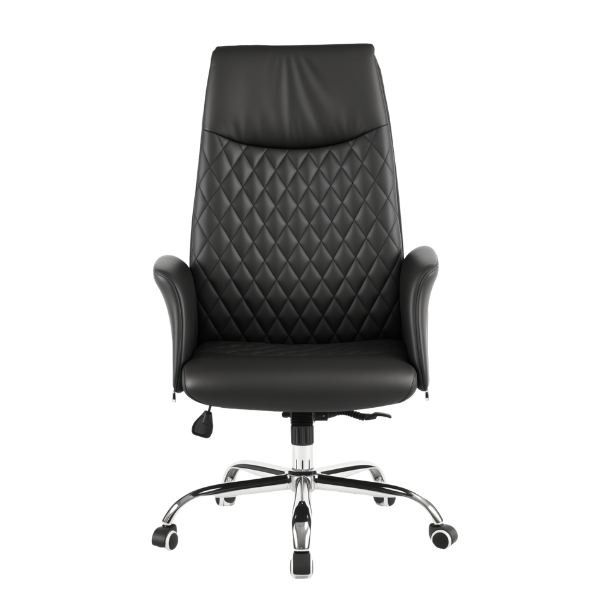 Black leather office chair with high backrest featuring diamond-patterned stitching, padded armrests, cushioned seat, chrome base with five caster wheels, and adjustable height lever on the side.