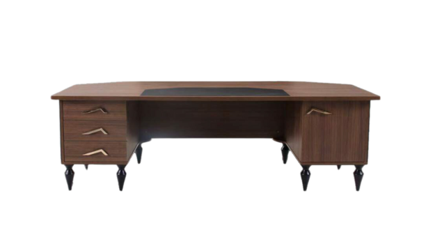 A luxurious desk set consisting of a desk, chair, and cabinet in green and light wood colors. The desk has a large surface area and a drawer, the chair is made of black leather and has armrests, and the cabinet has multiple shelves and drawers for storage. The set is designed for office executives and businessmen who value elegance and functionality.