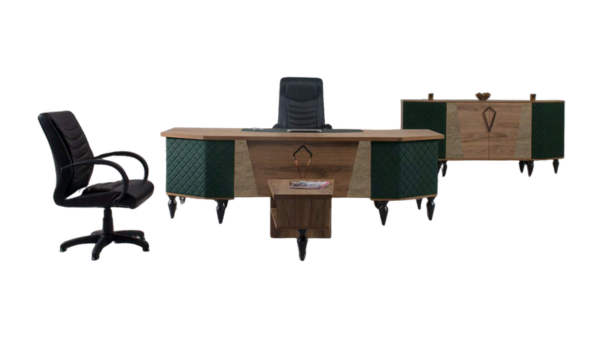 A luxurious desk set consisting of a desk, chair, and cabinet in green and light wood colors. The desk has a large surface area and a drawer, the chair is made of black leather and has armrests, and the cabinet has multiple shelves and drawers for storage. The set is designed for office executives and businessmen who value elegance and functionality.