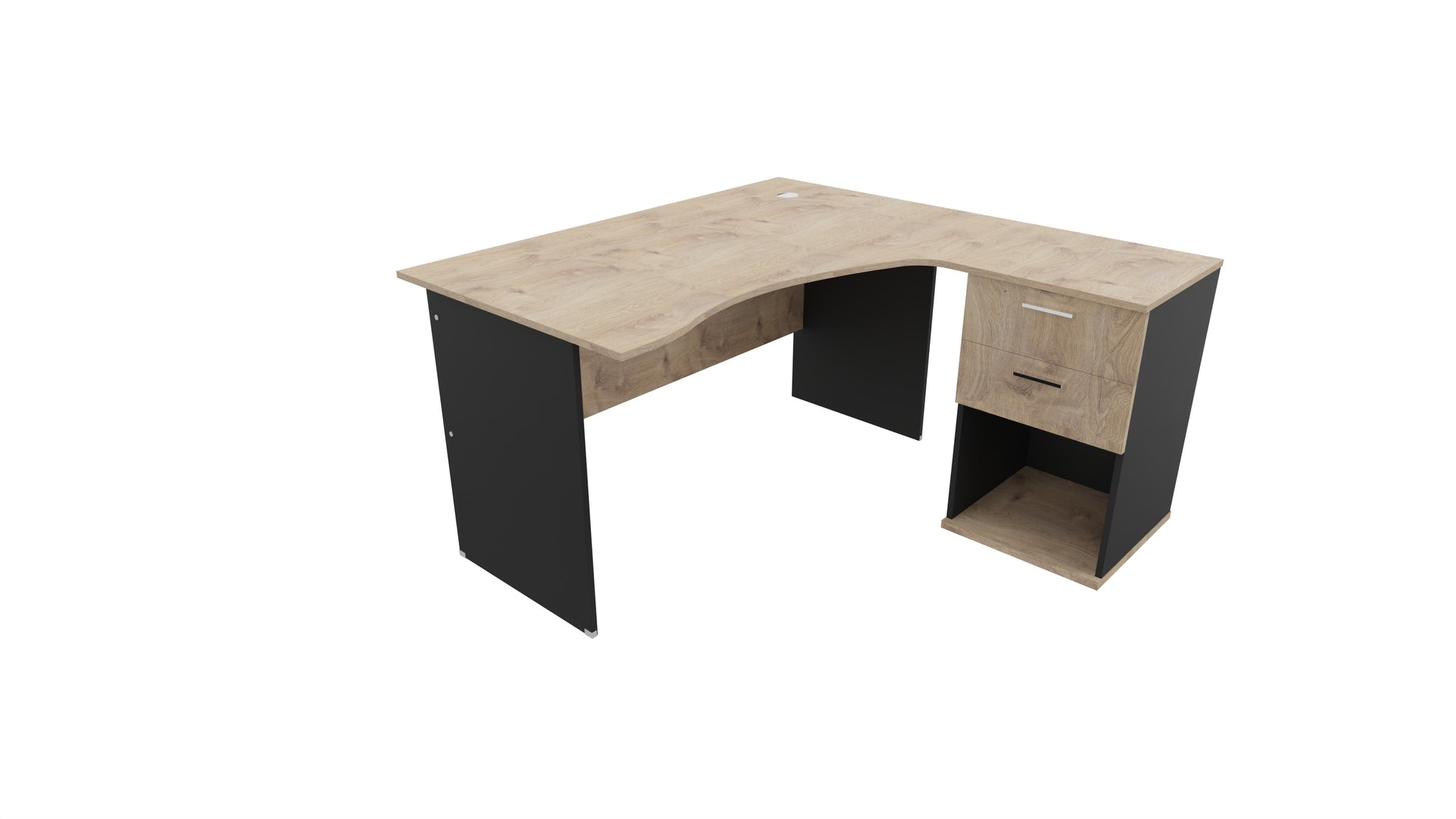 L shaped cluster desk with 2 drawers and an open shelf