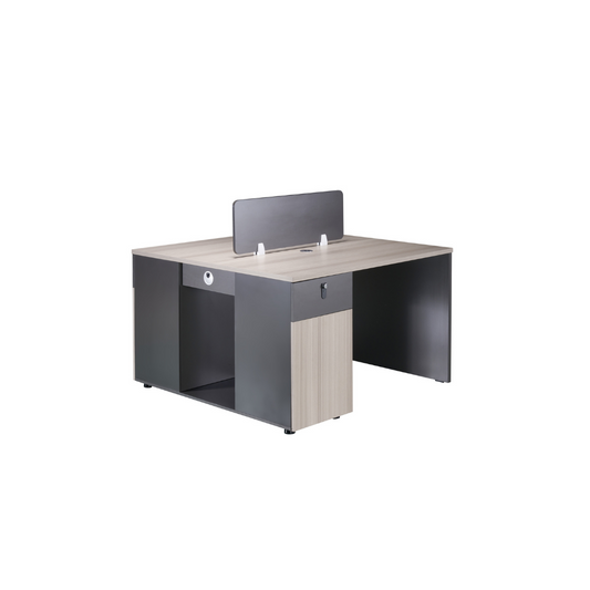 Modern two-way workstation in light oak melamine, featuring a central privacy screen and two integrated pedestals, set in an office environment, capable of expanding into larger configurations.