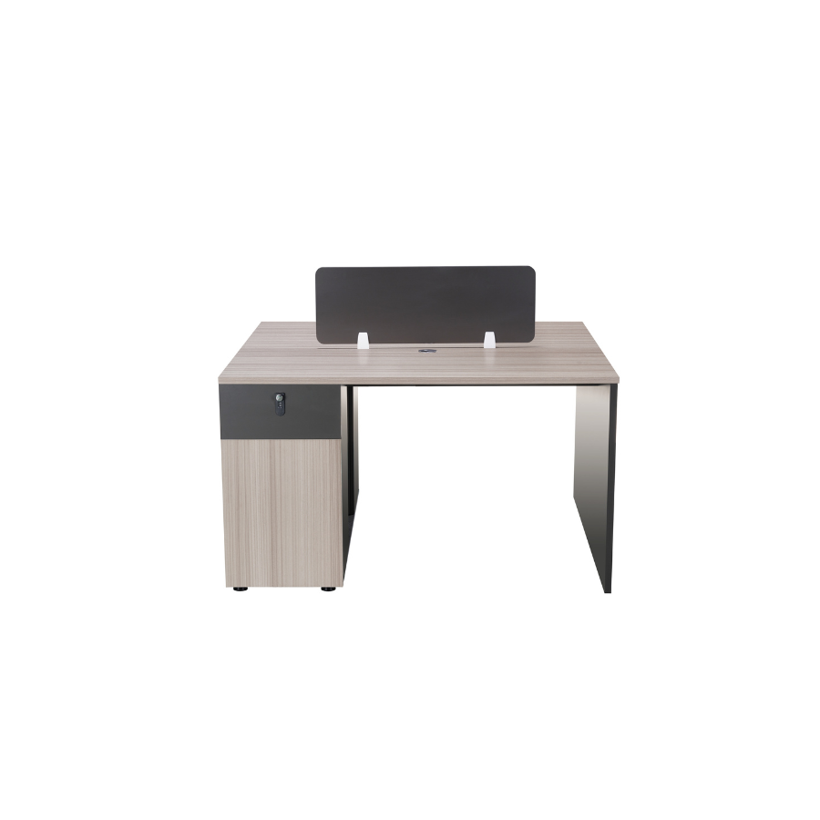 Modern two-way workstation in light oak melamine, featuring a central privacy screen and two integrated pedestals, set in an office environment, capable of expanding into larger configurations.