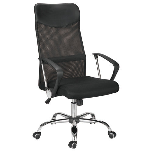 "Elevate Mesh High Back Office Chair with breathable mesh back, swivel and tilt mechanism, gas height adjustment, black and silver nylon arms, chrome star base, and nylon castors supporting up to 120kg."