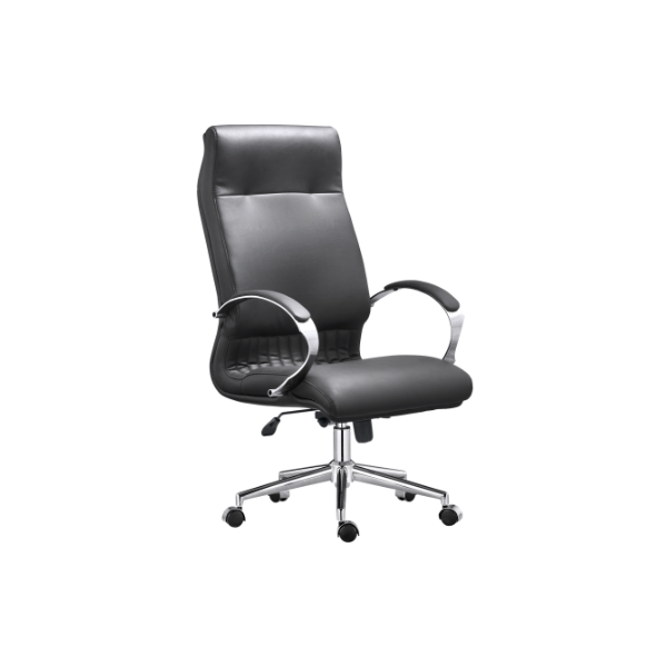Modern black leather office chair with high backrest, chrome base, padded armrests, and ergonomic design for professional workspace comfort.
