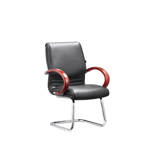 Modern office chair with black cushioned seat and backrest, curved reddish‑brown polished wooden armrests, matching wooden five‑leg base with caster wheels, and adjustable height mechanism — elegant ergonomic seating for professional office environments.