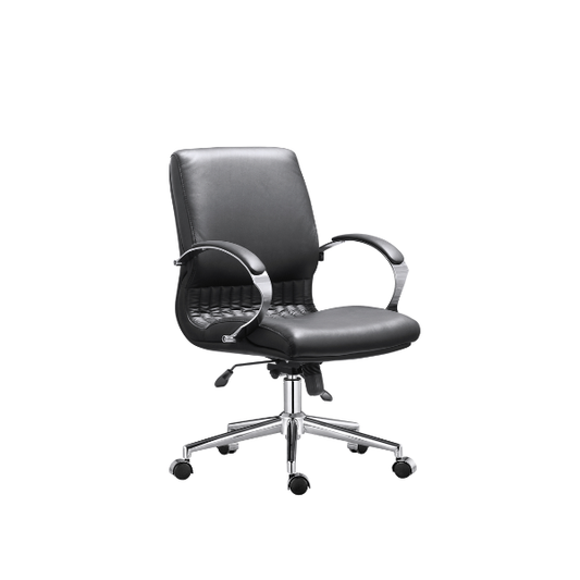 Ergonomic black leather office chair with cushioned seat and backrest, padded chrome armrests, five‑wheel swivel base, and adjustable height lever, ideal for modern office or home workspace seating.