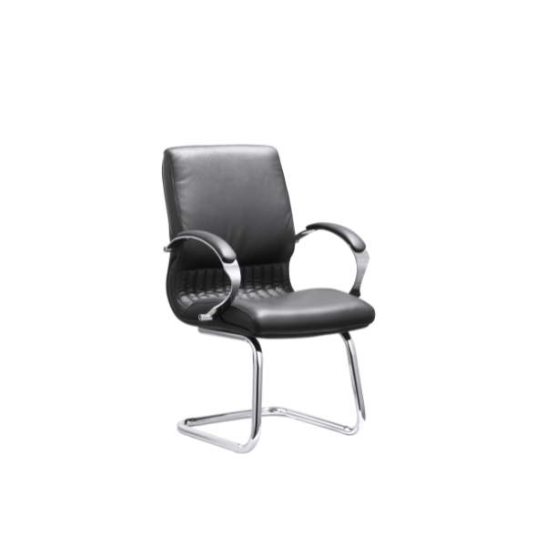 Modern black leather office chair with cushioned seat and backrest, curved chrome armrests, and cantilever-style chrome base, designed for contemporary office or conference room settings.