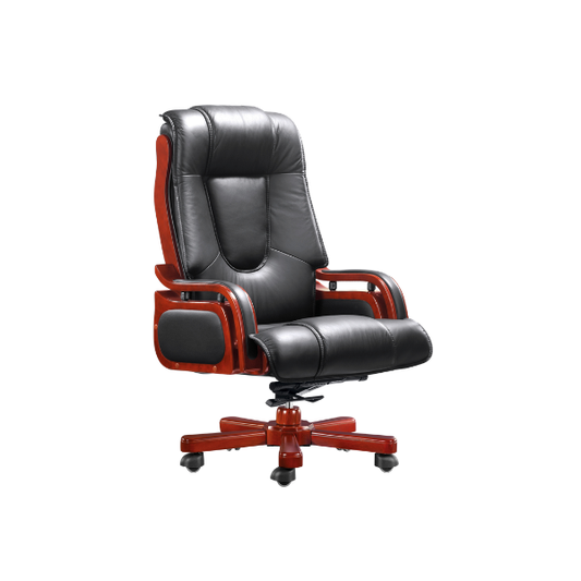Black leather executive office chair with high backrest, cushioned seat, polished wooden armrests, and five-leg wooden base with caster wheels, sophisticated professional furniture for office or study.