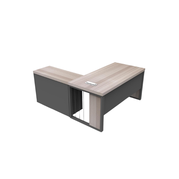 Modern L-shaped office desk with light wood surface, dark gray panels, cable management port, and decorative metal bars, ideal for contemporary home or corporate workspace.