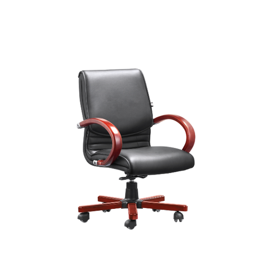 Modern office chair with black cushioned seat and backrest, curved polished wooden armrests, matching wooden five‑leg base with caster wheels, and adjustable height mechanism — stylish ergonomic seating for professional workspaces.