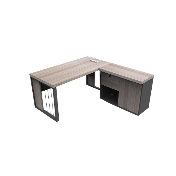 Modern L-shaped office desk with light wood surface, dark gray panels, cable management port, and decorative metal bars, ideal for contemporary home or corporate workspace.