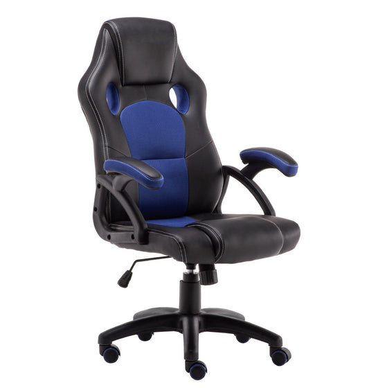 Blue and black PU leather racing office chair featuring a high backrest, adjustable seat height, and caster wheels, designed for ergonomic comfort and modern style in gaming setups.