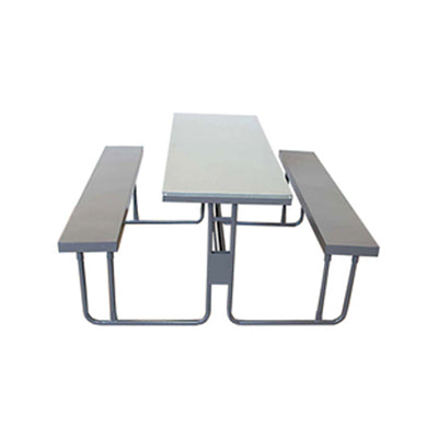 Steel Canteen Unit with either a Painted Top or Galvanised Top, featuring a rectangular table and two benches. The table has a smooth surface, and the benches match the color and material of the table. Sturdy metal frames provide stability