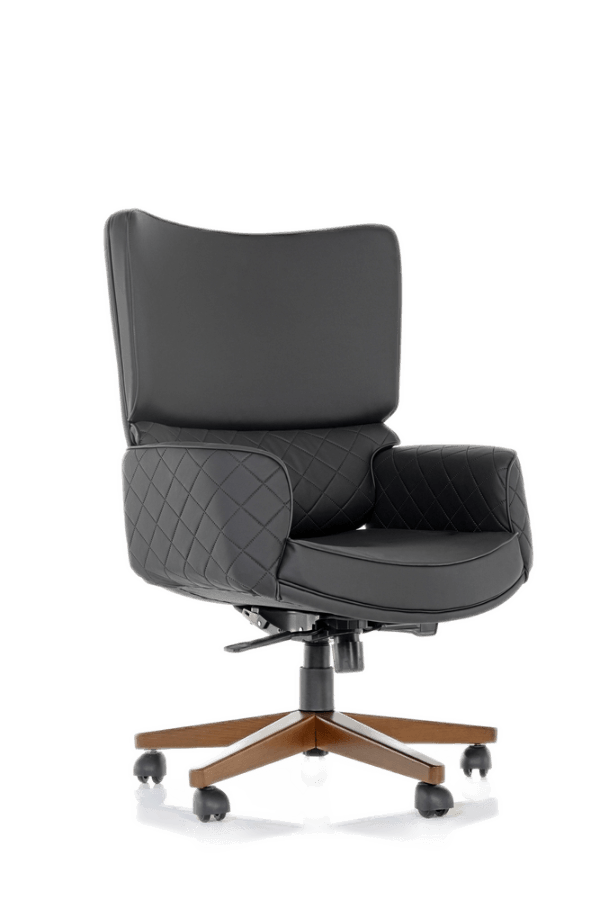 "Elgrande Office Chair: Elevate your workspace with luxury. Modern design, PU Leather, and diamond-stitched armrests for a stylish upgrade. 130kg max capacity, swivel and tilt function for extra comfort, and a sturdy base for added durability. Your perfect choice for maximum office comfort."