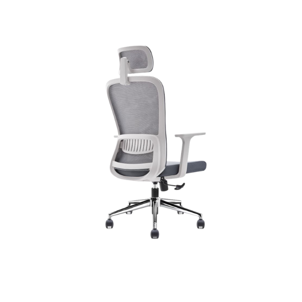 Modern ergonomic office chair with white frame, grey mesh backrest, cushioned seat, headrest, armrests, lumbar support, and chrome five-wheel base, viewed from the back.