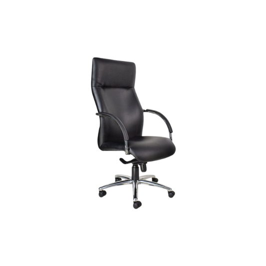 Modern black office chair with a high backrest, cushioned seat, and armrests, featuring a chrome base with five caster wheels and an adjustable height lever.
