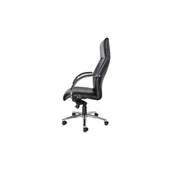 Side view of a modern black leather office chair with a high backrest, chrome curved armrests, and a polished metal base with five caster wheels, featuring an adjustable mechanism beneath the seat.