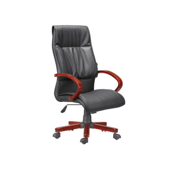 Modern high‑back office chair upholstered in black leather with curved polished wooden armrests, wooden five‑leg base with caster wheels, and adjustable height lever — ergonomic executive seating combining comfort and style for professional workspaces.