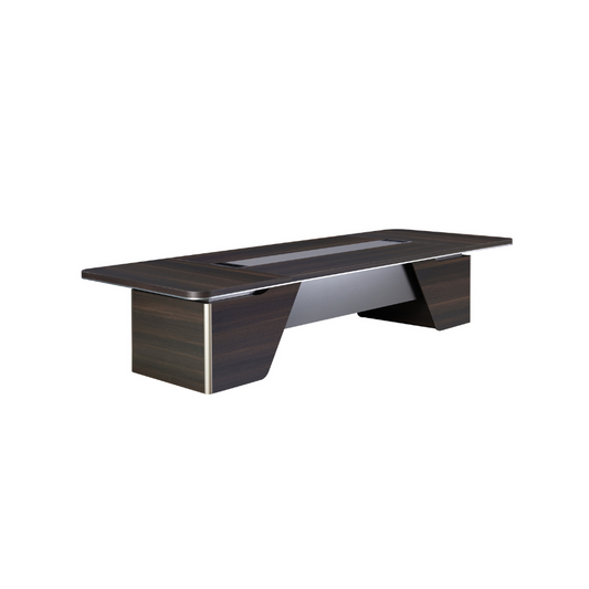 Horizon Boardroom Table: A sleek 2.4m rectangular table made from dark oak melamine, designed to seat 6-8 people