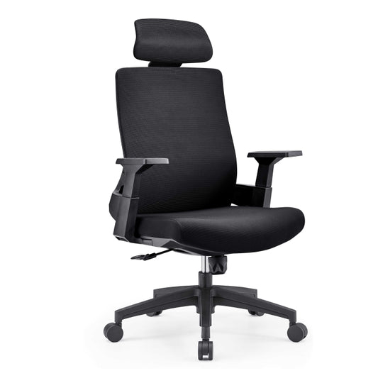 "Black Horizon High-Back Mesh Office Chair with adjustable gas lift height, ergonomic design, and swivel base on caster wheels, designed for professional office environments."