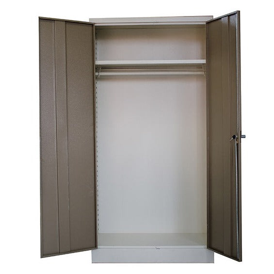 Lockable Steel Wardrobe with full top shelf and hangrail, available in Hammertone Grey or Ivory Karroo