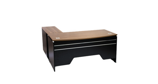 Elite Executive L-shaped Desk. Sleek, modern design, spacious pedestal for storage.