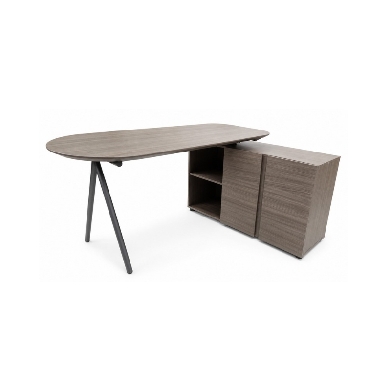 Lorenzo dark grey space saver home office desk with rotating desktop, angled metal leg and built-in storage cabinet.